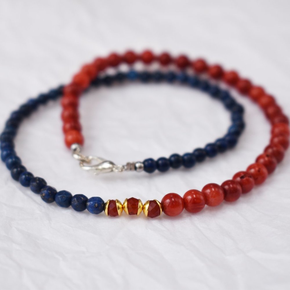Multi stone choker, blue lapis lazuli and red coral necklace